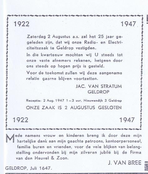 1947: Elektrotechnisch bureau Jacq. van Stratum bestaat 25 jaar.